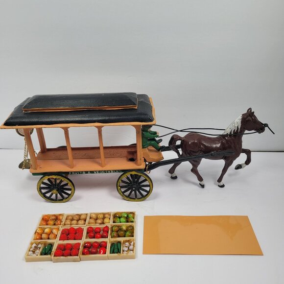 Vintage Cast Iron Horse Drawn Fruit & Vegetable Collectible Wagon with Figurine - Picture 1 of 11